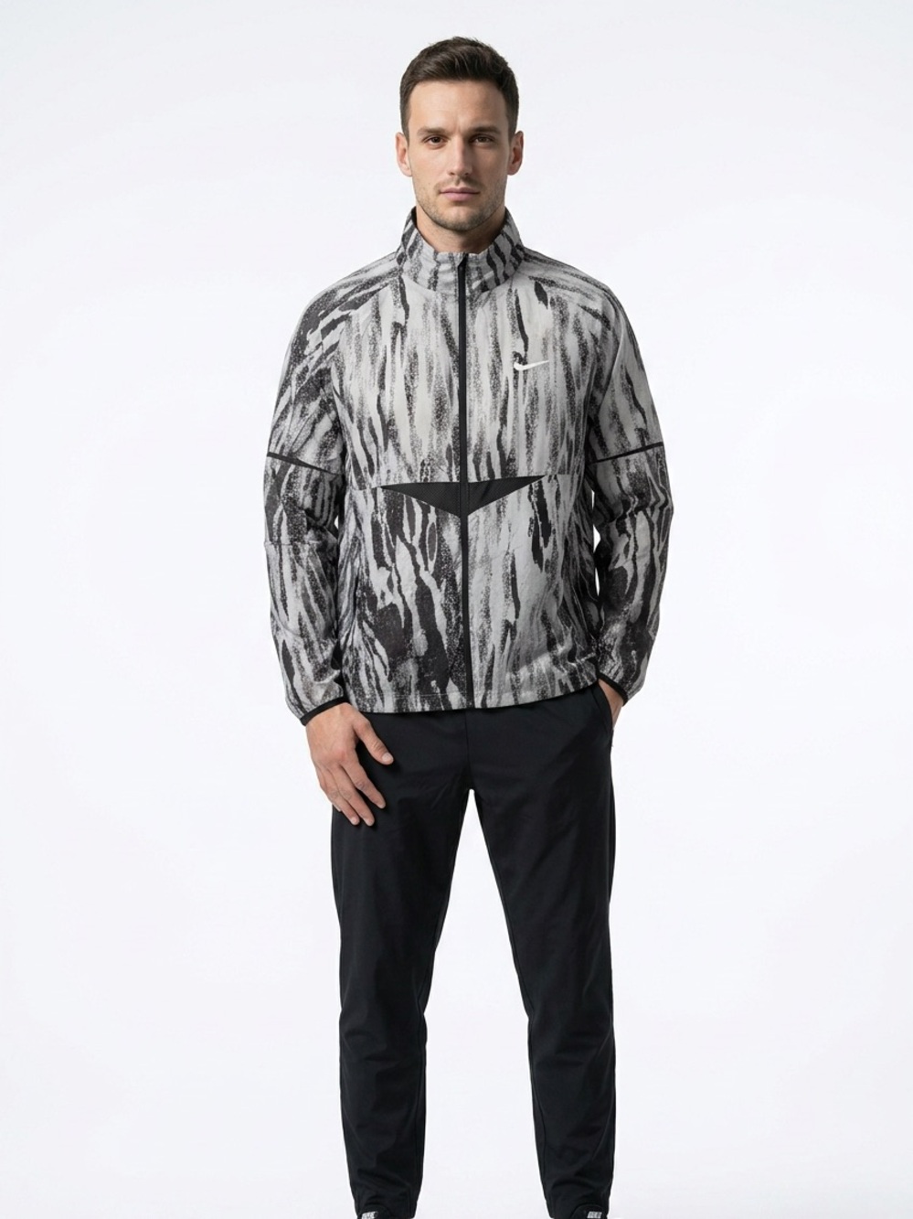 Nike Running Mens Windbreaker Jacket Packable Hood Black White Abstract Print L